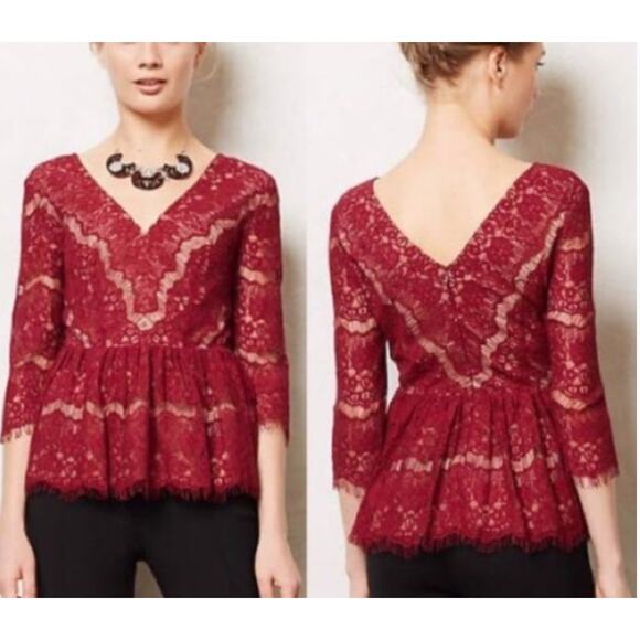 Anthropologie Maeve Womens Burgundy Lace Blouse Double V-Neck Size Small - Picture 1 of 9